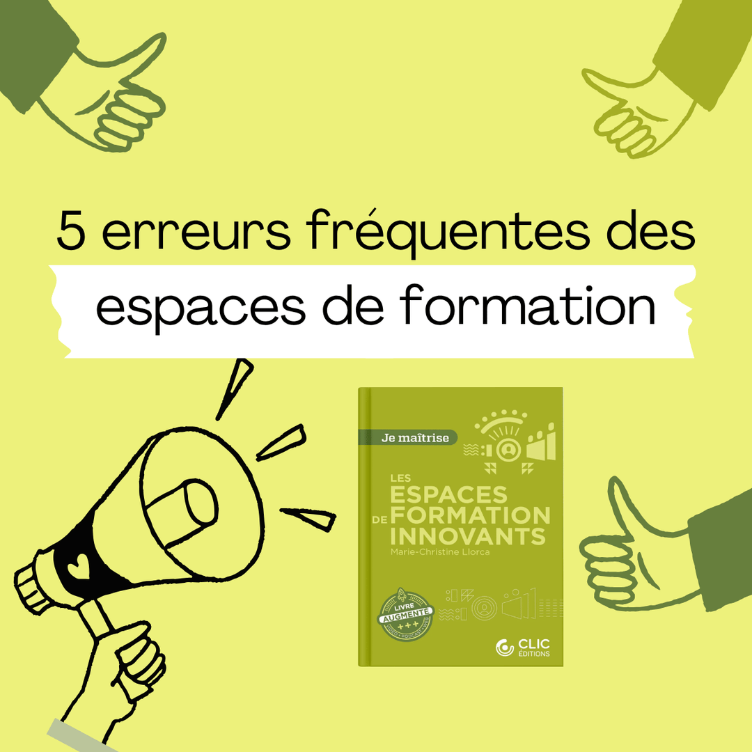 présentation du livre les espaces de formation innovants avec les 5 erreurs fréquentes des espaces de formation sur fond jaune